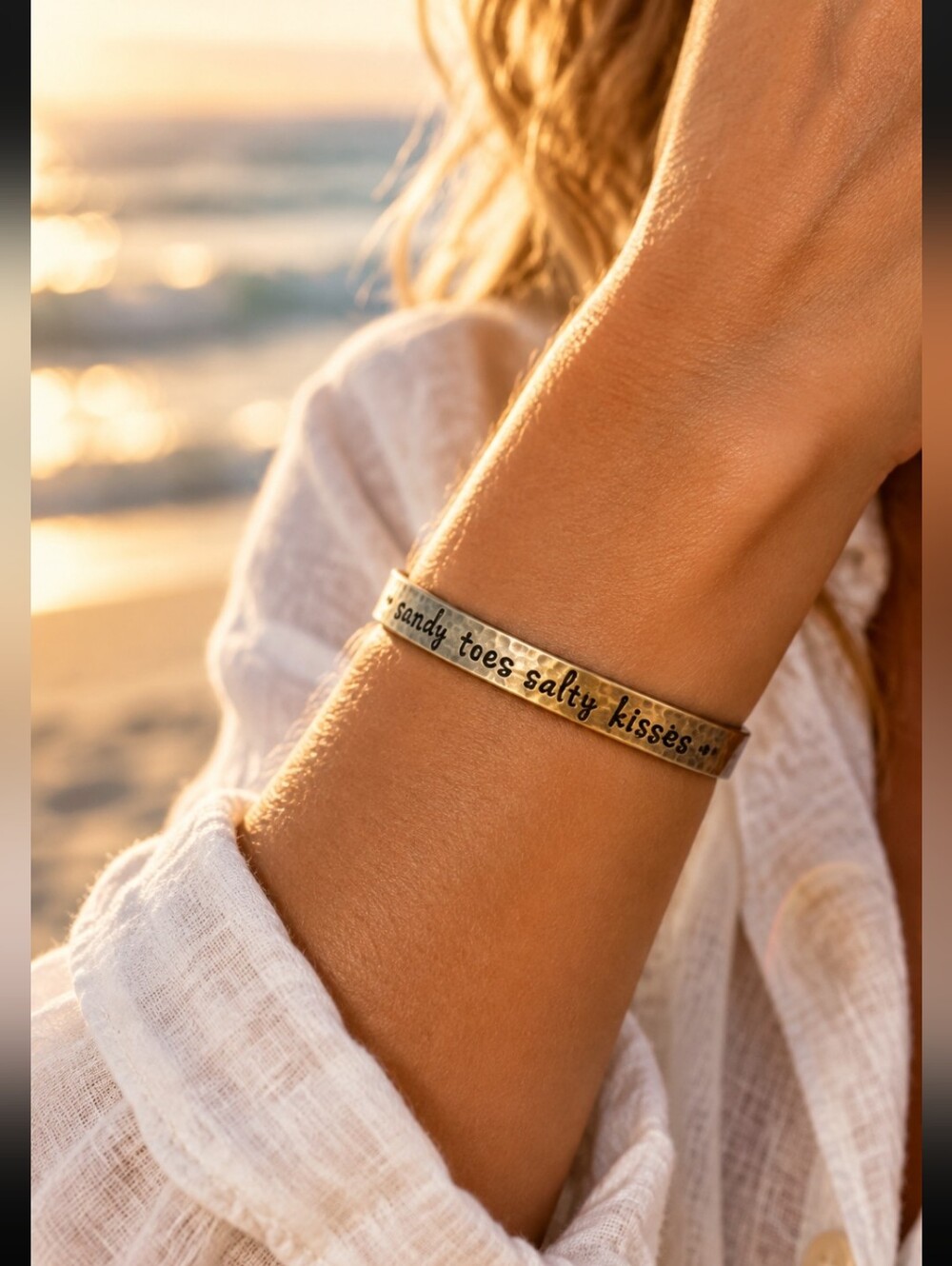 Inspirational Open Bangle "Sandy Toes and Salty Kisses" Hammered Texture